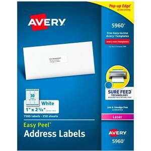 Avery Easy Peel Mailing Address Labels Laser 1 x 2 5/8 White 7500, 5960